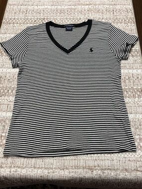 Polo by Ralph Lauren Black and White Striped V-Neck Tee